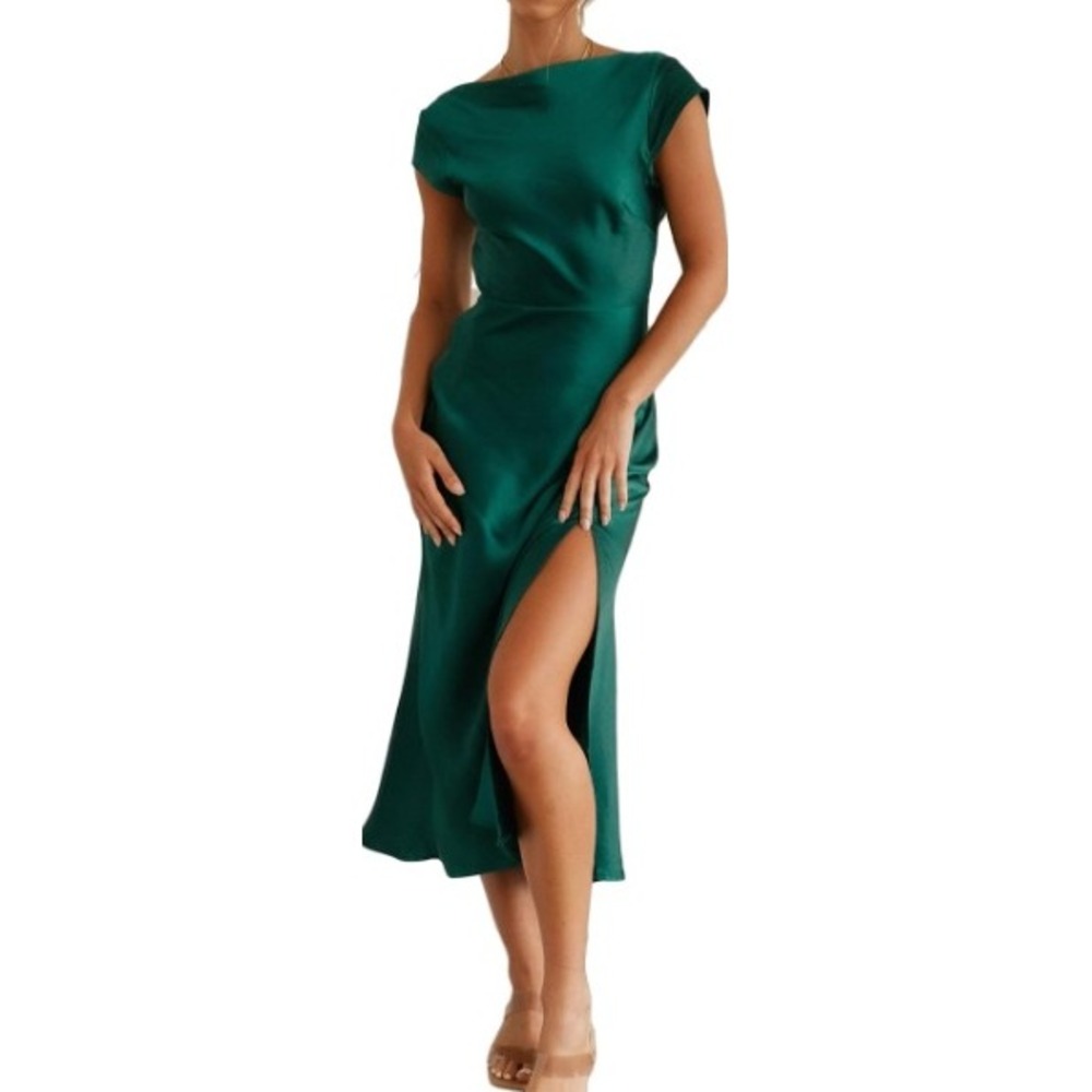 Wedding Emerald Green Satin Open Back Twist Cutout Midi Dress Emerald Green